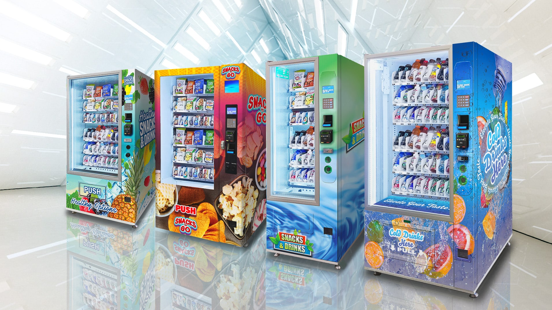 A 4 different kinds of vending machines lined up next to each other with custom wraps.