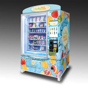 A large vending machine with a wrap showcasing a shower of refreshing fruit. The machine is filled with snacks and drinks and has a large touchscreen.