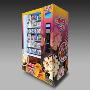 A 40A showing a variety of chips and candy bars inside of the machine and on the vinyl wrap covering it.