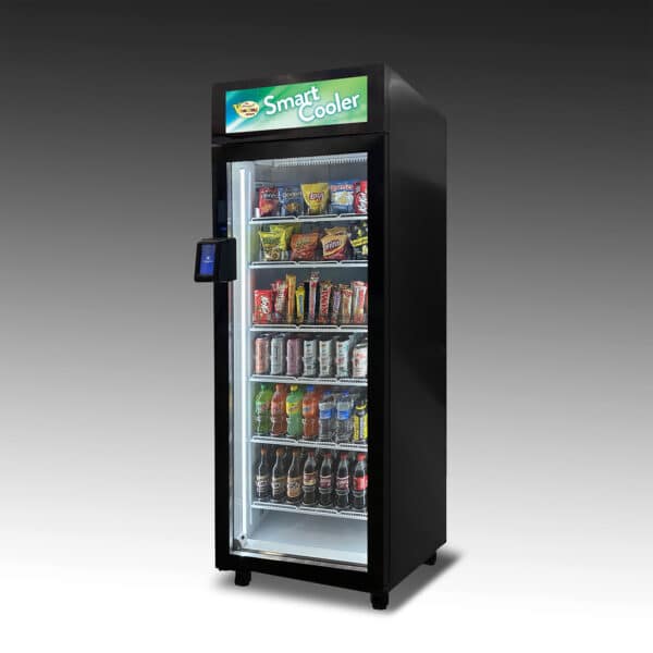 A Smart Cooler 5000 designed for a combination of snacks and drinks. It is filled with both.