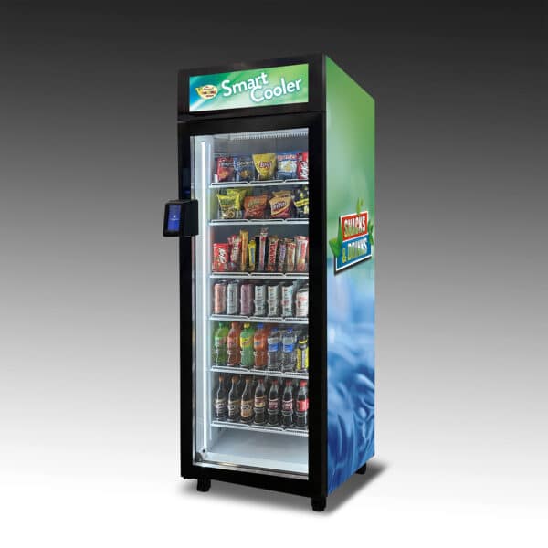 An image of the Duravend Combo Smart Cooler 5000. It's vinyl wrap shows calming green colors on top of rippling water and is filled with delicious snacks and drinks.