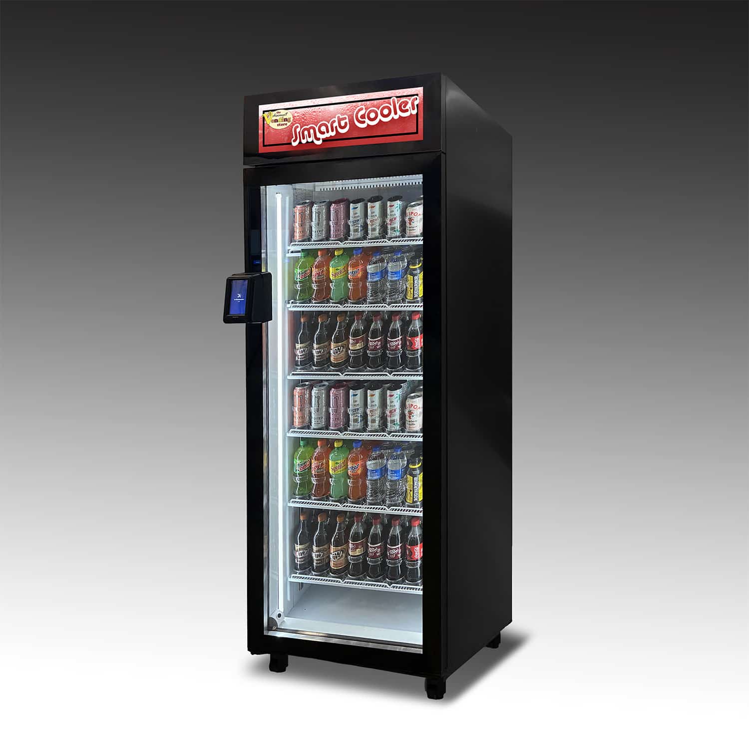 Drinks_Duravend_Smart_Cooler_-_NO_Wrap A Smart Cooler 5000 set up for as many drinks as possible. 6 shelves are filled with cold drink cans and bottles.
