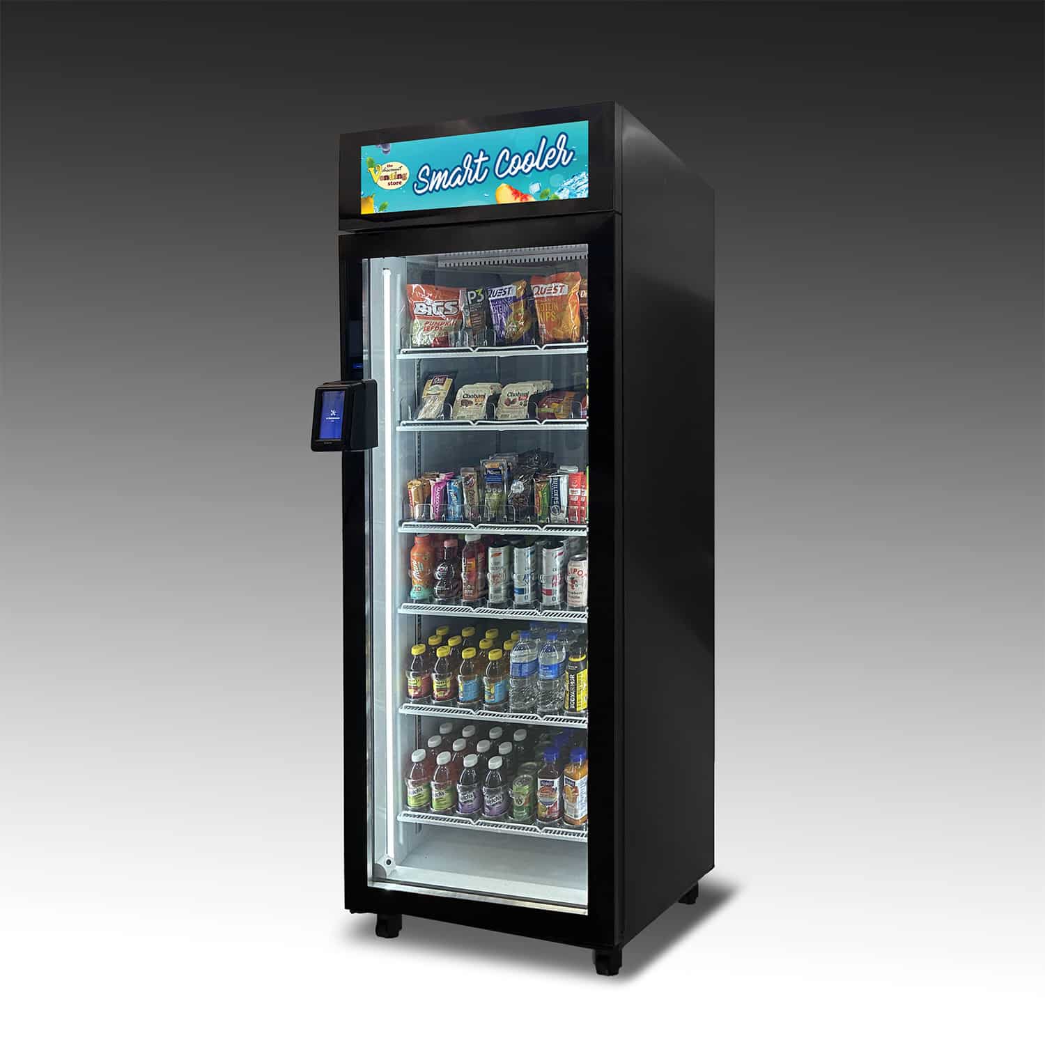 Healthy_Duravend_Smart_Cooler_-_NO_Wrap A Smart Cooler 5000 designed for healthy snacks and drinks which fill the interior of the machine.