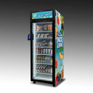 An image of the Duravend Healthy Smart Cooler 5000. It's vinyl wrap shows fruits awash with refreshing water and is filled with healthy snacks and drinks.