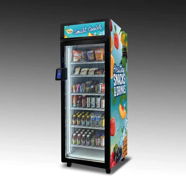 An image of the Duravend Healthy Smart Cooler 5000. It's vinyl wrap shows fruits awash with refreshing water and is filled with healthy snacks and drinks.