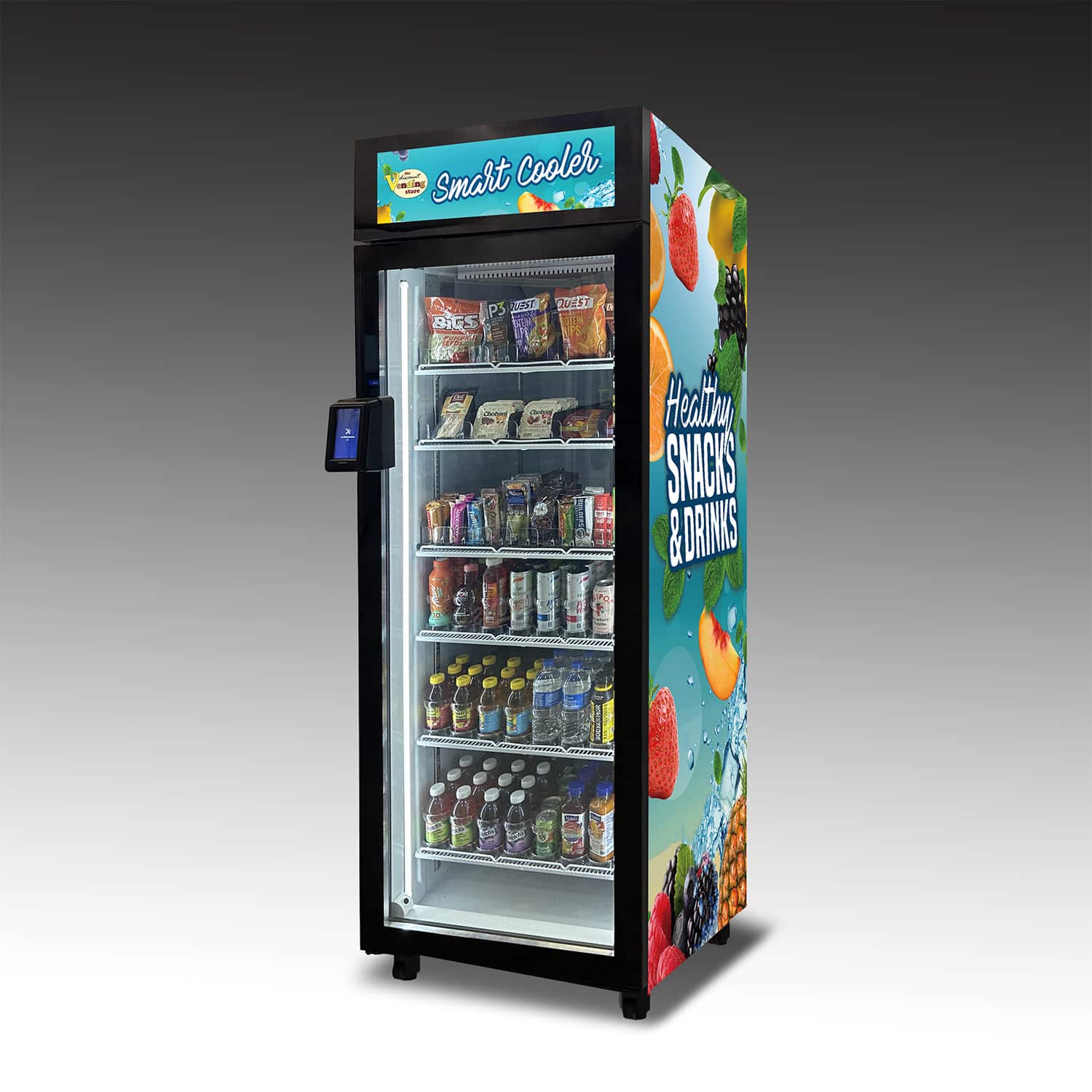 Healthy_Duravend_Smart_Cooler_-_Wrapped An image of the Duravend Healthy Smart Cooler 5000. It's vinyl wrap shows fruits awash with refreshing water and is filled with healthy snacks and drinks.