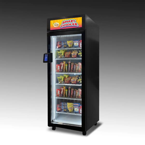 A Smart Cooler 5000 configured for snacks, having two trays of thin bar snacks and four trays of larger chip-sized snacks.