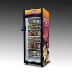 An image of the Duravend Snack Smart Cooler 5000. It's vinyl wrap shows mouth-watering treats and is filled with candy bars and chips as snacks.
