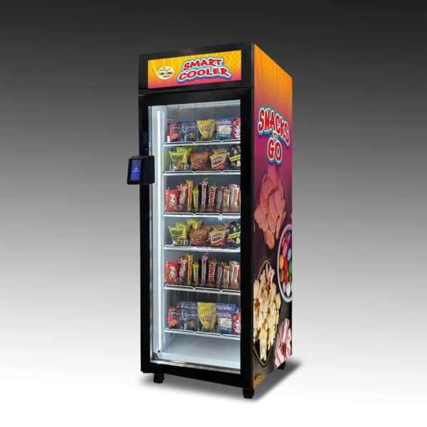 An image of the Duravend Snack Smart Cooler 5000. It's vinyl wrap shows mouth-watering treats and is filled with candy bars and chips as snacks.