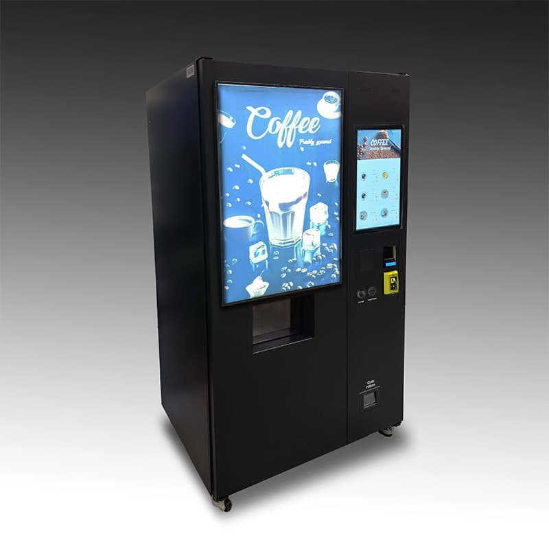 DVS_Joe2Go_Iced_-_Wrapped_Right_Facing_-web An image of a hot and cold drink machine. It has a large touchscreen and a backlit display to highlight products.