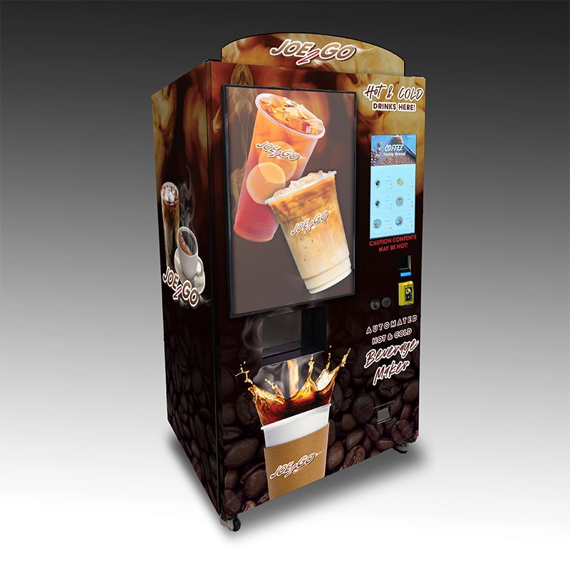 OMNI_Joe2Go_Iced_-_Wrapped_Right_Facing_-_web An image of a hot and cold drink machine showing roasted coffee beans and warm drinks on its wrap. It has a large touchscreen and a backlit display to highlight products.