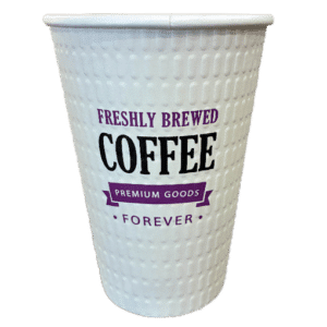 A coffee cup for use in a coffee vending machine. It says "Freshly Brewed Coffee, Premium Goods Forever"