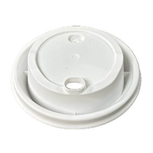 The lid for a coffee cup. It features a small hole for venting excess heat and a larger hole for consumption of the beverage